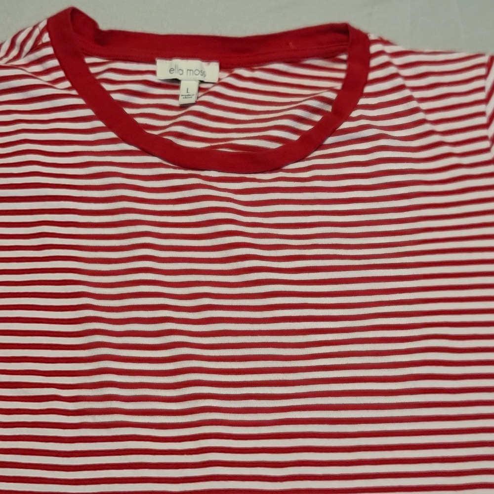 Ella Moss T-Shirt Womens Large Red White Striped Short Sleeve Crew Neck Casual